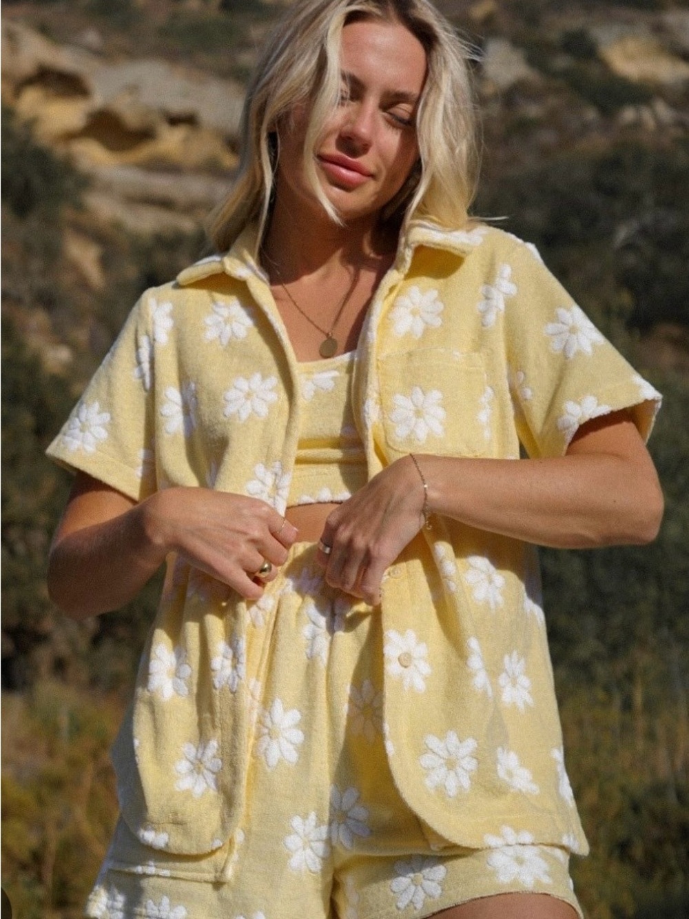 Yllw the Label Salty Terry Daisy Print Terry Cloth Button Down